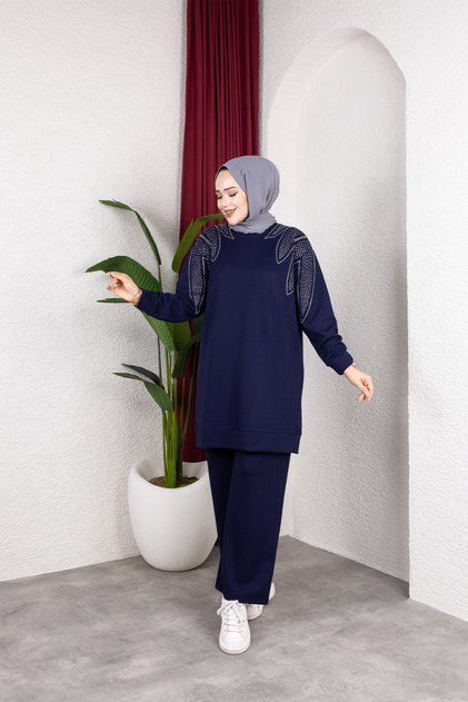 Moda Efsa Women's Navy Blue Hijab Clothing Elegant Stone Detailed Tunic & Trousers Two-Piece Suit
