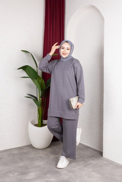 Moda Efsa Kadın Gri Tesettür Giyim Zarif Taş Detaylı Tunik & Pantolon İkili Takım