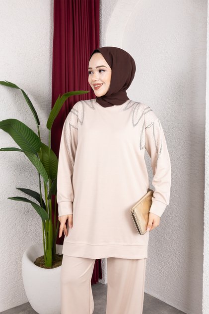Moda Efsa Women's Beige Hijab Clothing Elegant Stone Detailed Tunic & Trousers Two-Piece Set