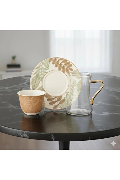Tea and coffee set, 18 pieces, colored leaves