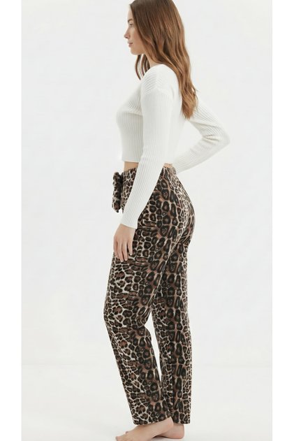 Winter Fleece Pocketless Leopard Pattern Elastic Waist Women's Pajama Bottoms