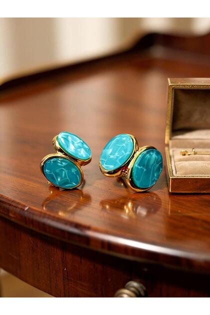 Gold Framed Blue Stone Earrings – Steel