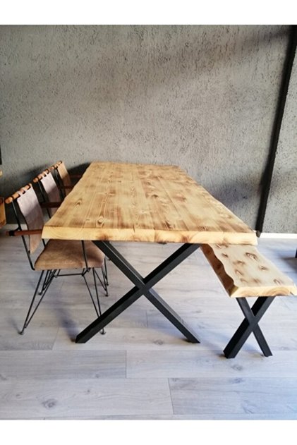 Masif Ağaç Mutfak Masası 180x80 cm - Acık Ceviz Pürüzsüz- X Ayak