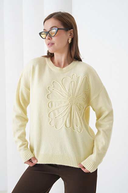 Women's Crew Neck Pattern Embroidered Soft Textured Knitwear Sweater