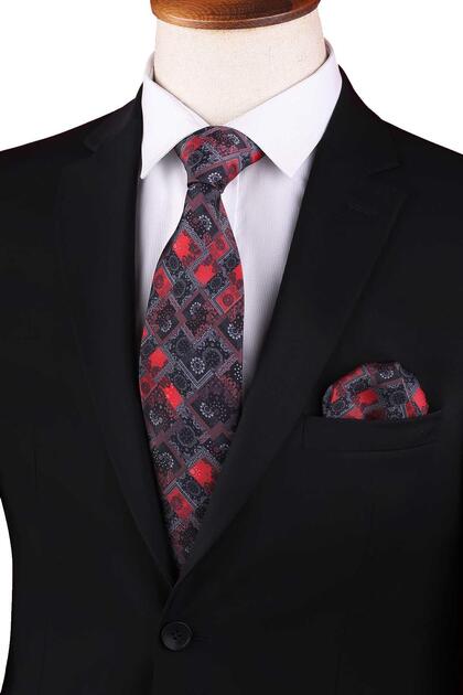Smoked - Red Square Pattern Printed Handkerchief Classic Tie Kk13352