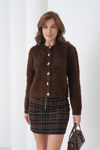 Women's Crew Neck Button Detailed Soft Textured Fleece-Lined Knitwear Jacket