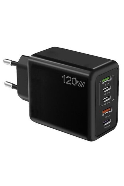 Încărcător de perete 120W, încărcare rapidă, 5 porturi (3 Type-C + 2 USB), negru