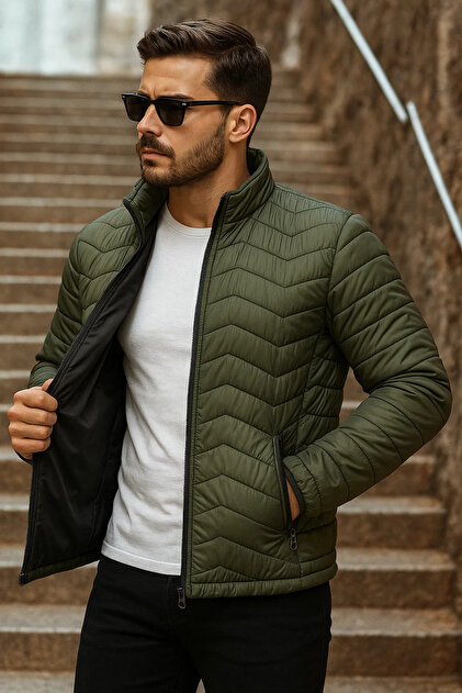 Men's Winter Trend Khaki Quilted Puffer Jacket