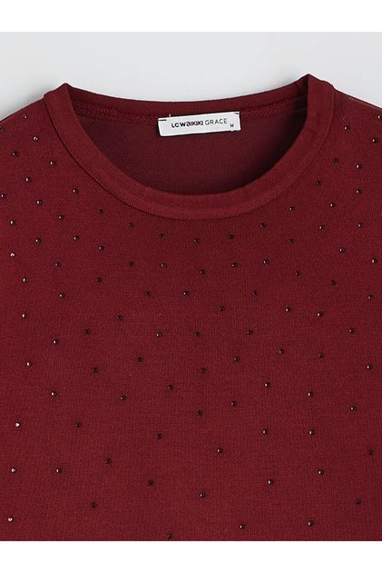 Crew Neck Women's Knitwear Sweater with Stones