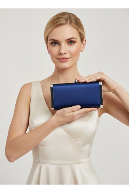 Navy Blue Full Metal Frame and Crystal Embroidered Glitter Satin Evening Dress Bag Wedding Engagement Graduation