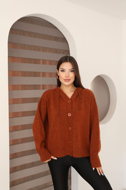 Women's Tile Buttoned Hooded Soft Touch Knitwear Cardigan