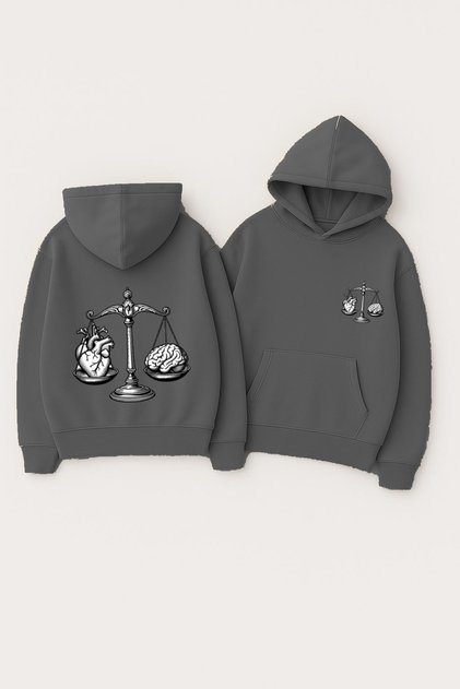 Unisex Hooded Oversized Printed Sweatshirt – Heart Brain Scales Balance Illustration Back Print
