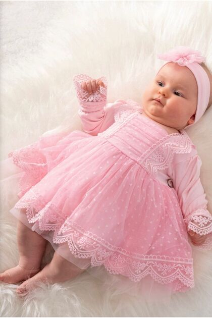 Almira Dress 100% Cotton Combed Tulle Lace Detailed Newborn Baby Girl Mevlüt & Special Occasion Set