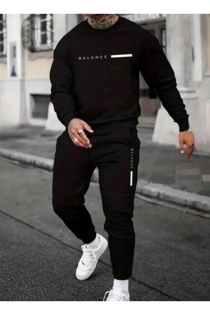 Men's Black Crew Neck Sweatpants Balance Printed Oversize Sweatpants Set