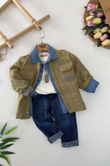 My Little Boy's Quilted Jacket and Tencel Shirt 4-Piece Set for Boys - Green