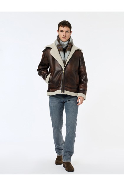 Plush Collar Long Sleeve Pocket Detail Zippered Winter Faux Leather Jacket