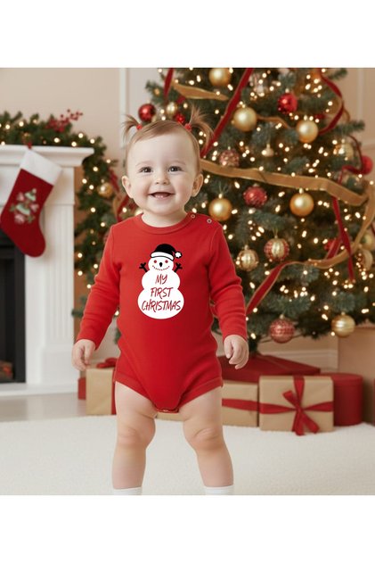 My First Christmas Snowman Christmas Red Baby Bodysuit