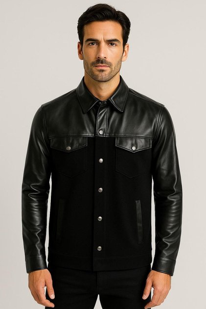 Erkek Gömlek Suni Deri ve Triko Karışımlı (Overshirt) Siyah 7348