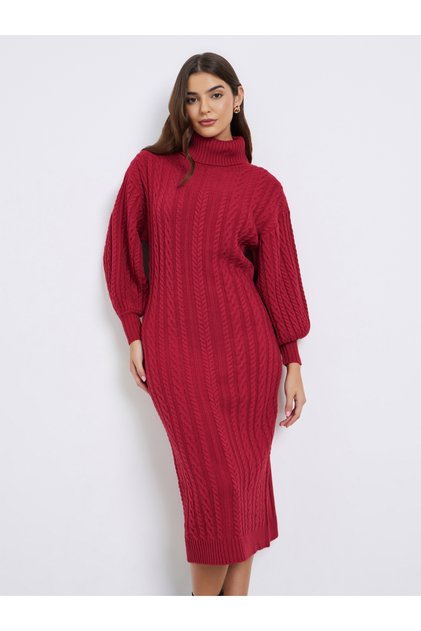 Red Cable Knit Sweater Midi Dress