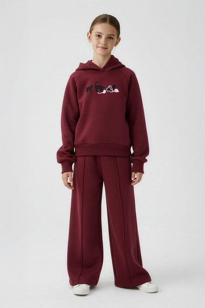 Girls' Hooded Fleece-Lined Cat Embroidered Brushed Inside Winter Set Burgundy
