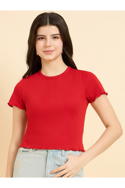 Red Scallop Hem Ribbed Top