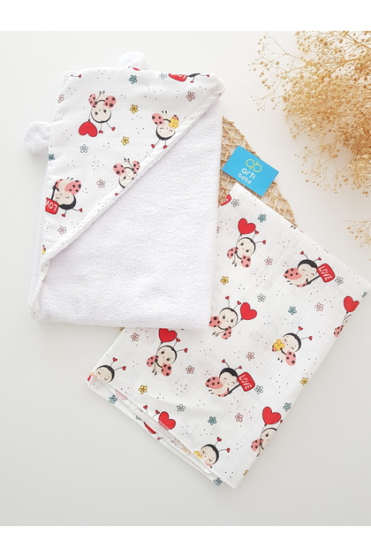 Ladybug Baby Bath Towel Set | Muslin Blanket + Hooded Cotton Towels | Newborn