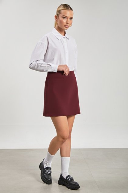 Kadın Fleto Cep Mini Etek - Bordo