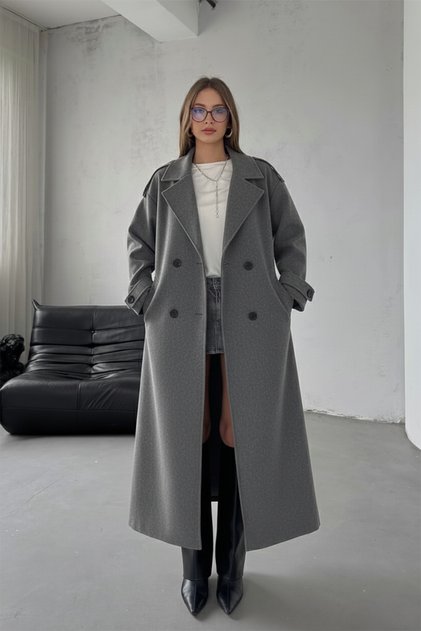 Gray Belted New Season Lined Premium Quality Comfortable Fit Women's Cashmere Coat