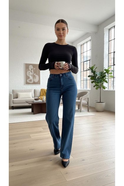 Medium Blue High Waist Stretchy Lycra Palazzo Jeans Trousers