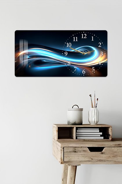 3D Görünümlü 2D UV Baskı Yatay Temperli Cam Saat Tablo – Mavi Işık Dalga Efekti – 60x30 cm-YSG036