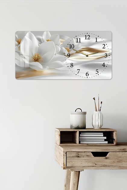 3D Görünümlü 2D UV Baskı Yatay Temperli Cam Saat Tablo – Beyaz Çiçek Desenli – 60x30 cm-YSG041