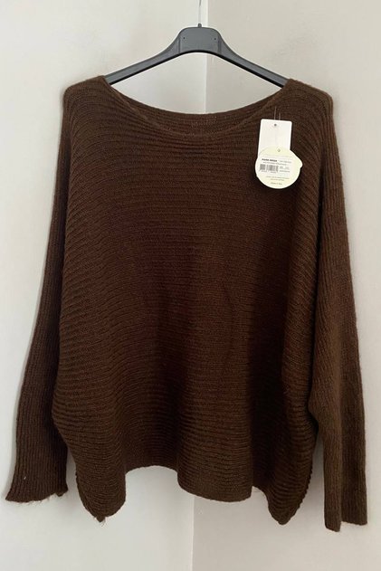 Women's Italian Brown Plain Pattern Back Button Detailed Casual F Corded Fabric Sweater Blouse