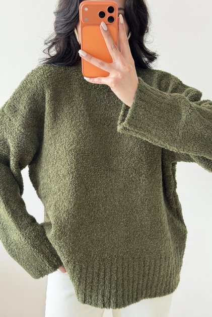 Kadın Haki Oversize Buklet Kazak 1014-2347