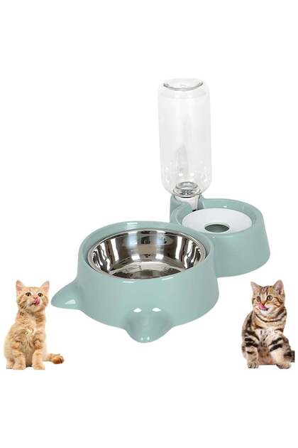 2-in-1 Cat Food & Water Bowl Set with No-Spill Automatic Water Dispenser (Green)