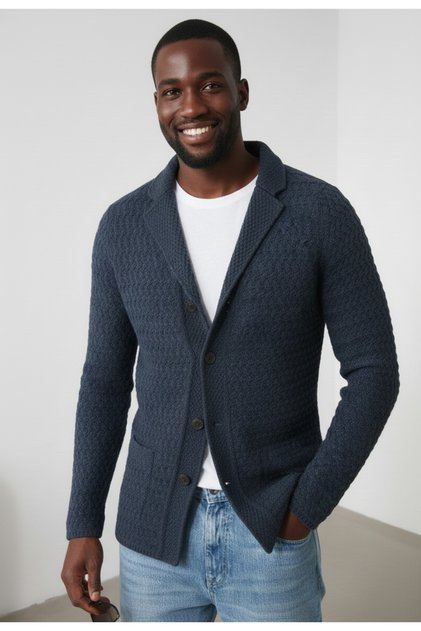 Ανδρική πλεκτή ζακέτα Navy Blue εφαρμοστό Shawl Collar