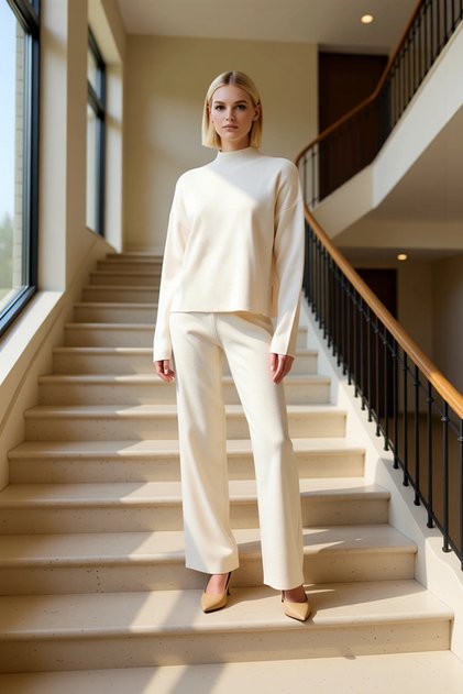 Women's Bottom Top Striped Oversized Mock Neck Knitwear Sweater Pants Two-Piece Set Winter Days Comfortable One