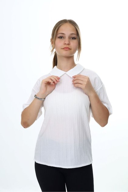 Girl's Crew Neck Drawstring Sleeve Slit T-Shirt - Crinkle Fabric