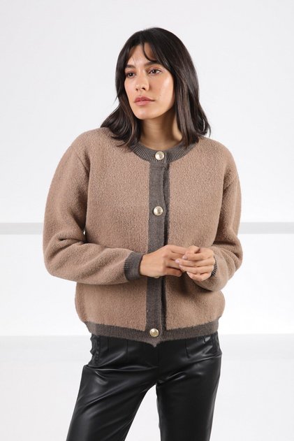 Coffee Buttoned Round Neck Wool Boucle Women's Knitwear Cardigan
