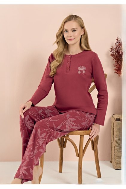 Over Sleep 3211 Interlock Poleren Light Red Long Sleeve Pajama Set