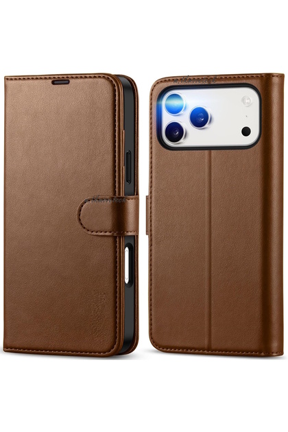 iPhone 17 Pro Case 360 Full Coverage Leather Textured Flip Wallet Stand with Card Holder and Detachable Clip
