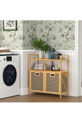 Lessio Home Teka Rattan Bambu Banyo Rafı ve Kirli Çamaşır Sepeti