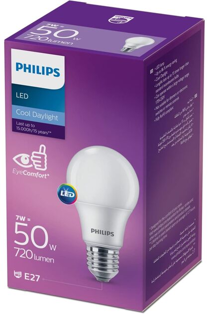 لمبة LED أساسية 7 واط E27، ضوء نهاري بارد 6500 كلفن، A60 بلورية، 650 لومن، تعادل 50 واط لمبة متوهجة، مؤشر تجسيد الألوان 80، زاوية إضاءة 150 درجة، 220-240 فولت 50-60 هرتز، تدوم حتى 12,000 ساعة، غير قابلة للتعتيم، تشغيل فوري.