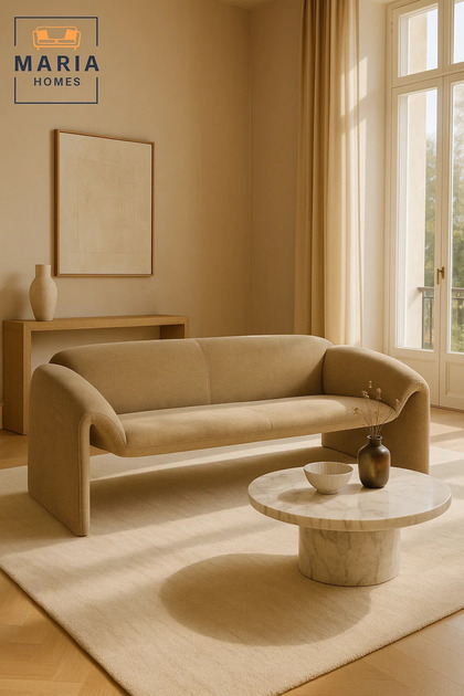 Modern Beige Sofa – Curved Fabric 3-Seater for Living Room & Lounge Spaces