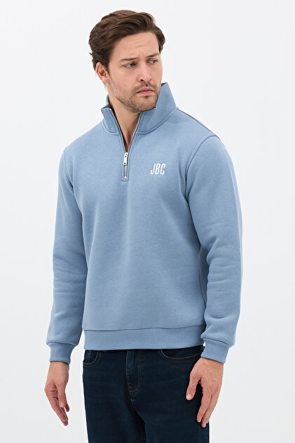 Embroidered Half Zipper Blue Mock Neck Sweatshirt