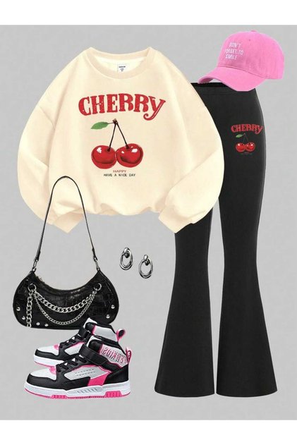 Cherry Printed Girl's Beige Bottom Top Set Spanish Leg