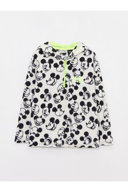Ecru Hooded Mickey Mouse Patterned Long Sleeve Fleece Girls' Sweatshirt