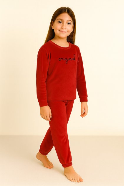 Mi̇kra 275-09-25 Girls' Velvet Pajama Set – Soft and Warm 2-Piece Set Age 6/15