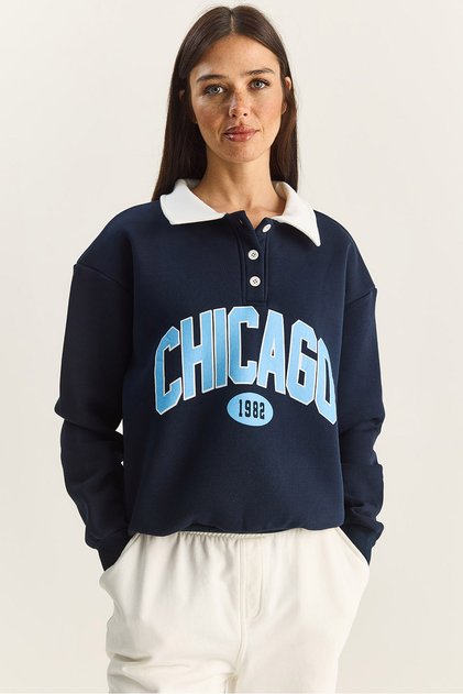 Marineblaues Damen-Sweatshirt mit Polokragen und Chicago-Print, dreifädig, gerippt, 60601050