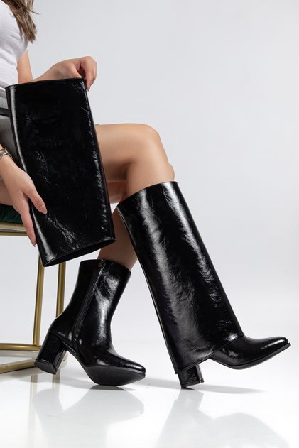 Women's Size 36-42 Black Patent Leather Boots with Leggings, Heels, Removable Apparatus, Pointed Toe, Zippered Boots