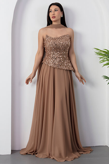 PULLIMM Strapless Neckline Top Sequin Bottom Chiffon Evening Dress Ecr5701-  Trendyol
